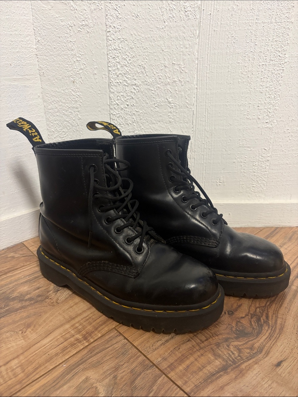 Dr. Martens Black Leather Lace-Up Platform Boots with Yellow Stitching